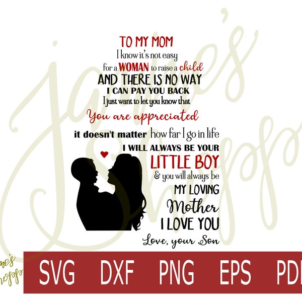 svg png To My Mom-Mother and Son Silhouette-dxf eps pdf for use with waterslide sublimation Cricut Silhouette craft machines