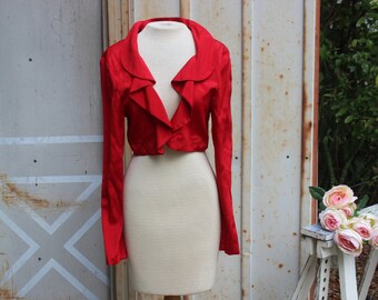 80s Bold Cherry Red Bolero Jacket | Ruffle | Cropped | Dressy - S/M