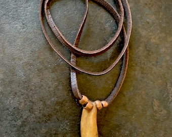 Wolf tooth necklace on a dark brown deerskin cord, wolf necklace, wolf jewelry, wolf, wolf tooth, wolf teeth necklace, wolf spirit guide