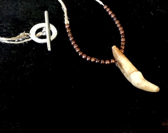 Wolf tooth necklace with copper colored beads on a hemp cord, wolf tooth necklace, mens wolf tooth necklace, unisex wolf tooth necklace, wol