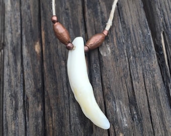 Wolf tooth necklace with copper beads on a hemp cord, wolf tooth necklace, wolf tooth jewelry, white wolf tooth necklace, white wolf, wolf