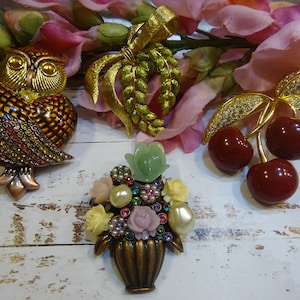 Vintage Joan Rivers Brooch/vintage Joan Rivers owl brooch/vintage Joan Rivers floral pin/Joan rivers cherries brooch/Joan Rivers leaves