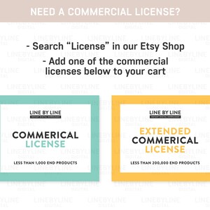 May include: Two turquoise and yellow squares with black text. The turquoise square says "Commercial License" and "Less than 1,000 end products". The yellow square says "Extended Commercial License" and "Less than 200,000 end products".
