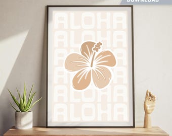 Póster imprimible de Aloha, arte de flores de hibisco, arte imprimible de Hawái, impresión artística de tipografía de Aloha, póster botánico, arte de pared, descarga digital