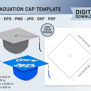 May include: A graduation cap template in various sizes, including 8.5 inches by 8.5 inches, 9 inches by 9 inches, 9.25 inches by 9.25 inches, and 9.8 inches by 9.8 inches. The template is a white diamond shape with a circle in the centre. The template is labelled "Add Your Design".