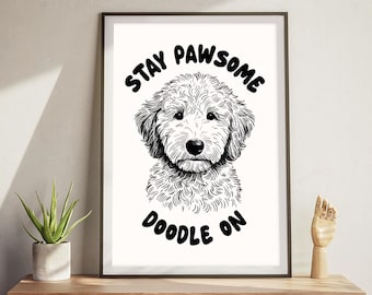 Stay Pawsitive Doodle On Poster,  Doodle Poster Dog Portrait, Funny Dog Poster, Dog Wall Art, Cute Pet Line Art Hand Drawn Dog Mom Gift