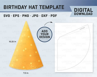 Plantilla de sombrero de cumpleaños, sombrero de cumpleaños png, cono de sombrero de cumpleaños, sombrero de cumpleaños SVG, DXF, PDF, sombrero de cumpleaños Canva, sombrero de cumpleaños Cricut, imprimible