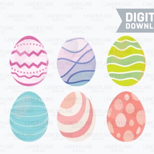 May include: Six colorful Easter eggs with different patterns. The eggs are pink, blue, green, and yellow with white, pink, and blue patterns.