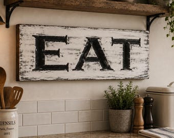 Rustic Carved Wood EAT Sign - Farmhouse Kitchen Decor
