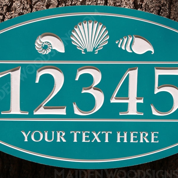 Customizable Cabin Beach House Address Number Signs / Outdoor PVC Exterior Weatherproof Cottage Driveway Sign / Nautical Seashell Decor