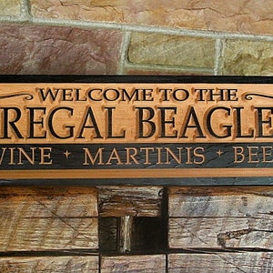 Personalized Rustic Bar Sign Man Cave Decor / Regal Beagle Carved Wooden Beer Cocktails Sign / Large Last Name Home Basement Bar Decor