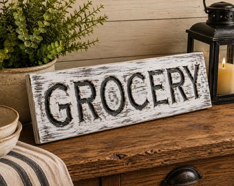 Rustic Carved Wood Grocery Sign - Farmhouse Kitchen Decor