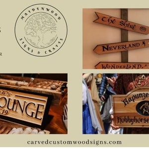 May include: A collage of custom wooden signs and plaques. The signs include "Cigar Lounge," directional signs for "The Shire," "Neverland," and "Wonderland," and a sign for "Rapunzel Rose." The signs are made to order with wood carving and laser engraving.
