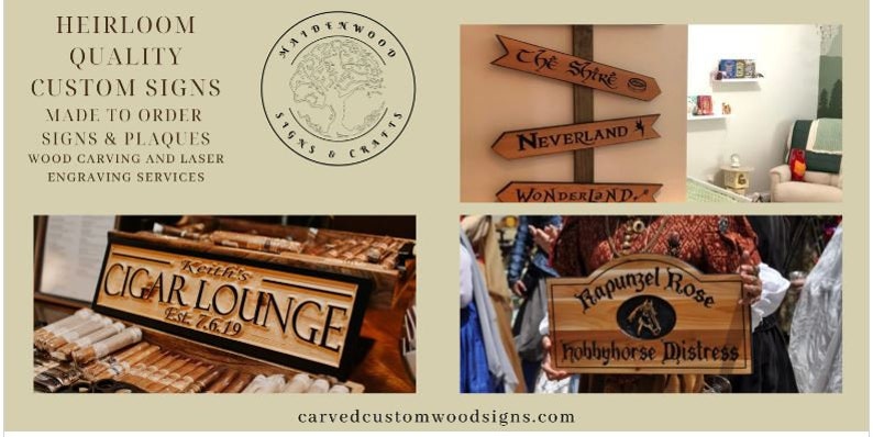May include: A collage of custom wooden signs and plaques. The signs include "Cigar Lounge," directional signs for "The Shire," "Neverland," and "Wonderland," and a sign for "Rapunzel Rose." The signs are made to order with wood carving and laser engraving.