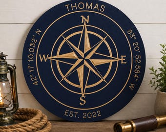 Latitude Longitude Sign, Personalized Round Wood Coordinates Sign, Nautical Compass Rose New Home Gift