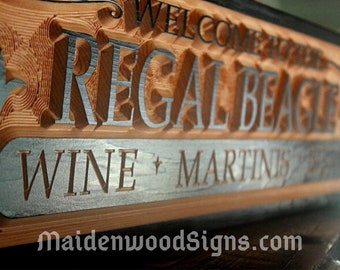 Custom Bar Sign Rustic Home Bar Man Cave Decor / Personalized Basement Bar Beer Cocktails / Carved Wooden Last Name Sign / Regal Beagle