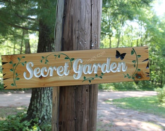 Secret Garden Directional Arrow Sign / Fictional Destination Fantasy Decor / Library Sign Book Lover / Carved Wooden Beach Trail Sign