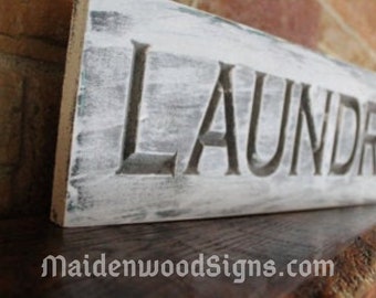 Rustic Laundry Room Sign / Carved Wooden Farmhouse Fixer Upper Style Country Home Decor / Distressed Black & White Sign