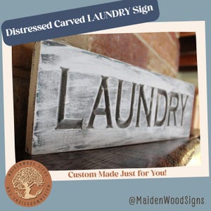 Rustic Laundry Room Sign / Carved Wooden Farmhouse Fixer Upper Style Country Home Decor / Distressed Black & White Sign