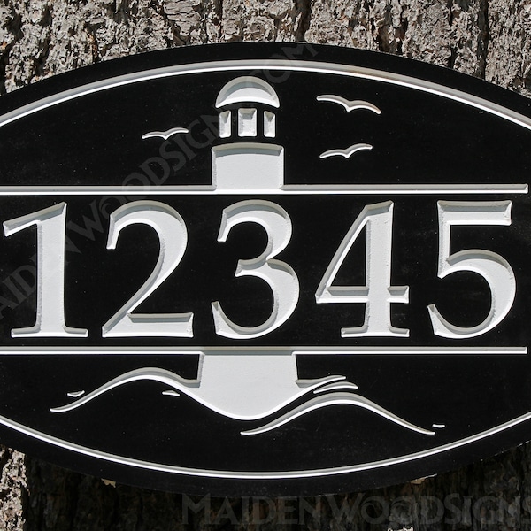 Lighthouse Address Number Sign / CNC Carved PVC Exterior Outdoor Weatherproof Customizable Signs / Beach House Gift Sign Cabin Driveway Sign