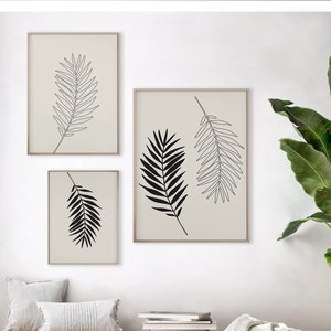 Black botanical leaves line print set of 3 wall art download, Neutral minimalist tropical palm leaf printable poster, Gray modern plant art