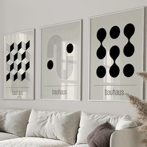 Geometrisches Ausstellungsposter druckbares 3er Set in schwarz weiß, Bauhaus modernes Design Galeriewand, Kreis Grafik Poster, Monochrome Art