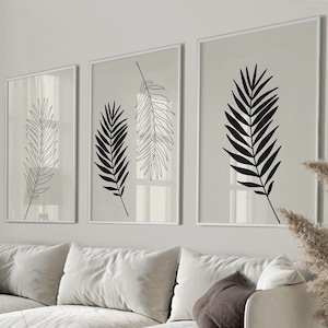 Black beige tropical plant leaves printable art set, 3 piece Line art minimal leaf print download, Neutral tone plants gallery wall art