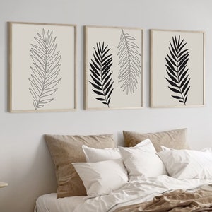 Minimalist palm leaves line art printable set of 3 wall art, Square neutral botanical prints download, Black beige boho leaf line art poster