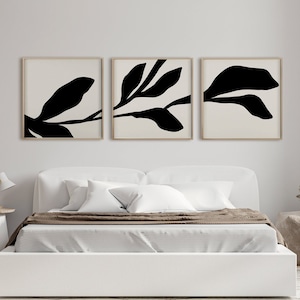 Botanical leaf print wall art download in black and cream, Minimalist branches printable artwork, Monochrome set of 3 posters for bedroom