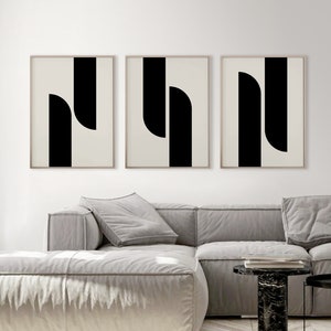 Set of 3 black and white geometric design printable artwork, Charcoal beige Mid Century modern print, Abstract rectangle wall art download