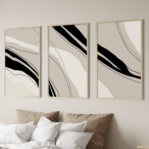 Black beige white line art printable set, Abstract lines wall art download for neutral bedroom decor, 3 organic modern drawing print poster