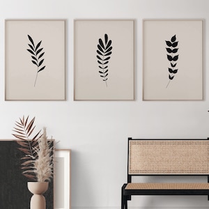Black wild flower printable wall art set, Dark beige minimalist botanical plant prints download, Neutral branch and leaves poster for decor