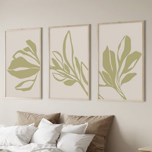 Sage minimalist wall art set of 3 abstract leaves printable, Modern botanical branch downloadable poster, 3 piece farmhouse leaf print