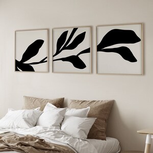 3 piece black beige and white botanical wall art printable download, Modern plant leaf drawing gallery wall, Minimal branch digital poster