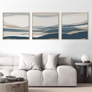 Blue waves square wall art download, Set of 3 prints illustration for beach house decor, Indigo Minimalist printable art,Simple navy poster