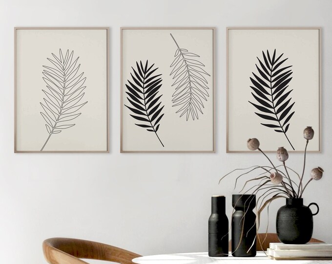 Palm Leaf Line Art Printable Set, Tropical Leaves Print Black and Cream ...
