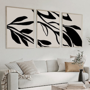 Minimalist neutral set of 3 printable botanical design wall art, Three piece modern leaves print download, Black beige leaf digital artwork