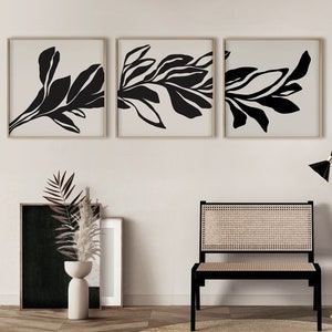 Abstract botanical leaves downloadable set of 3 art prints, Black minimalist floral printable gallery wall set, Simple modern branch print