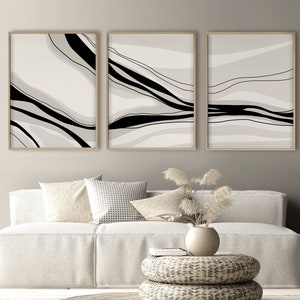 Neutral and black abstract lines printable wall art set of 3, Minimal brush stroke download poster, Black beige white digital line art print