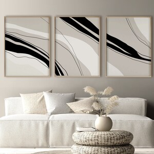 Stroke art print in gray beige and charcoal, Black ivory abstract lines printable art set, Large neutral modern downloadable illustration