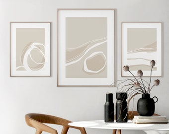 Neutral modern line printable wall art set in cream white, Muted color minimalist print download, Dining room organic abstract form poster