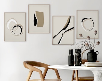 Download contemporary modern print set of 4 in beige brown, Simple abstract lines and shapes printable wall art, Neutral scandi home artwork