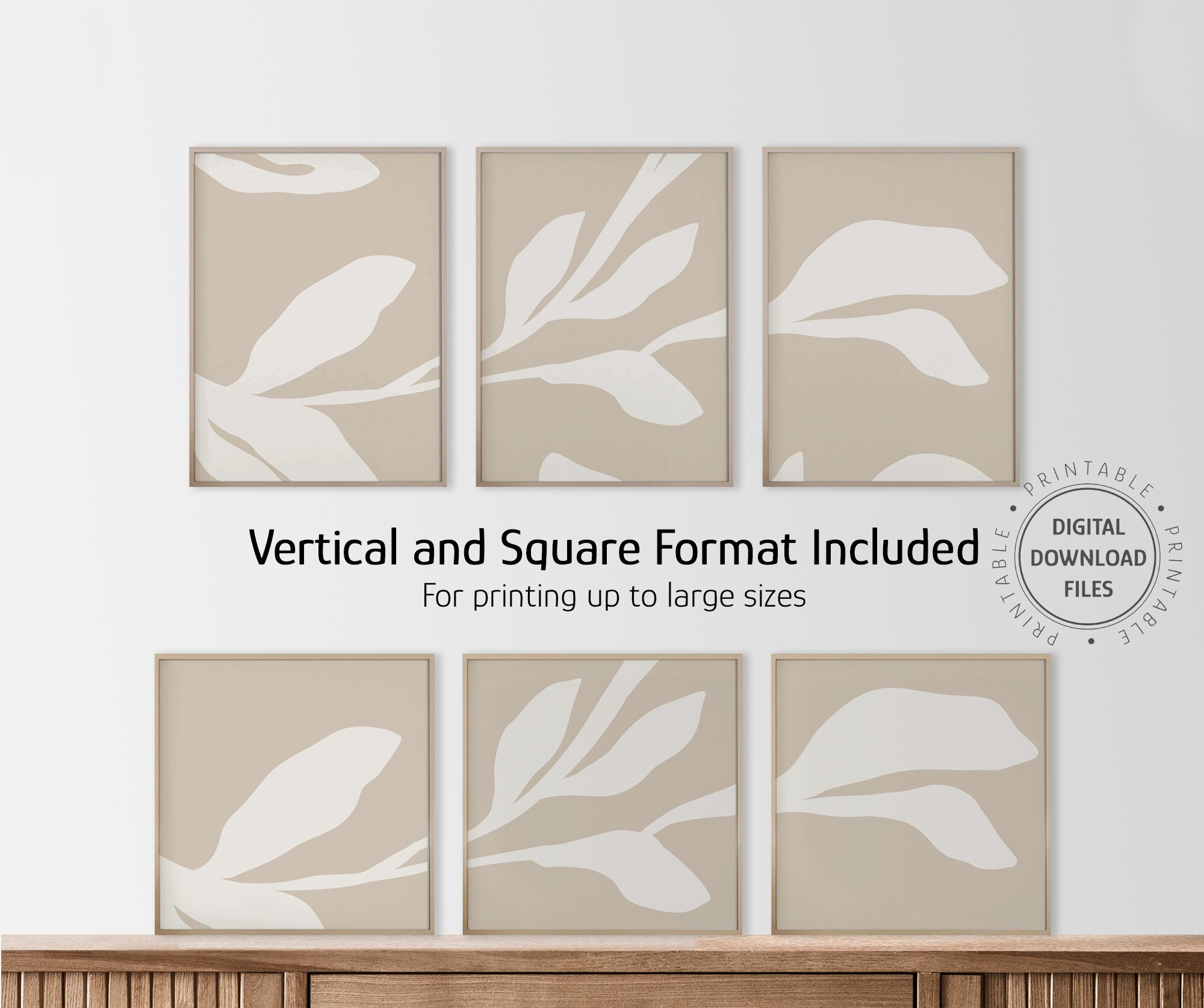 Neutral Botanical Leaf Printable Wall Art Set of 3 Artwork, Cream and ...