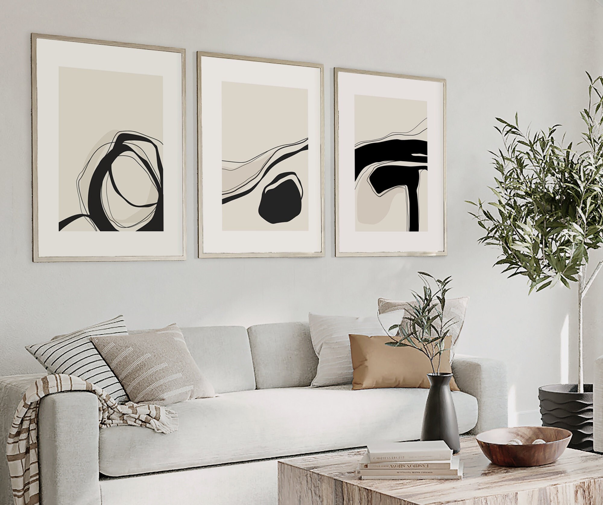 Neutral Abstract Set of 3 Prints Black Beige Modern Art - Etsy