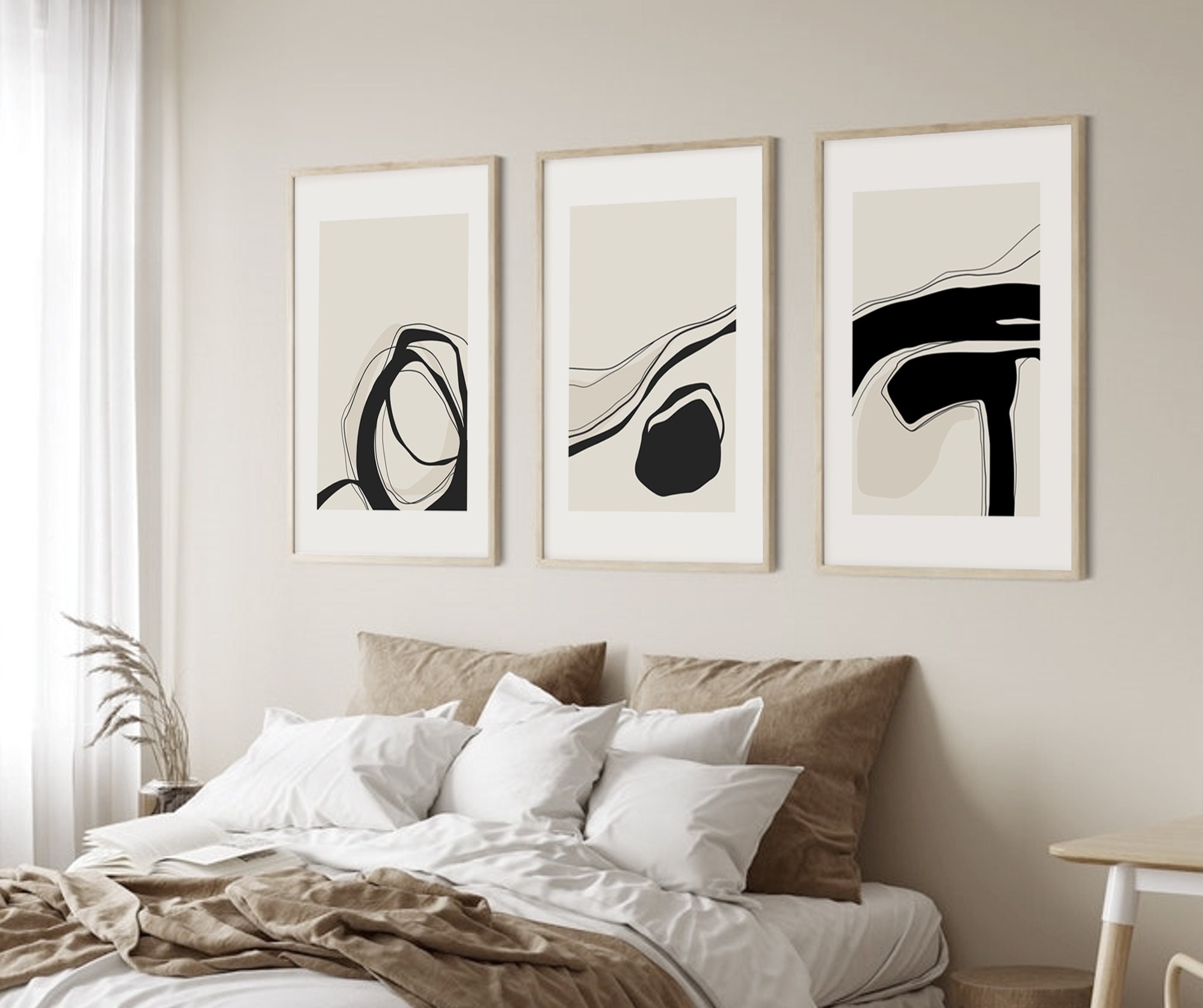 Neutral Abstract Set of 3 Prints Black Beige Modern Art - Etsy