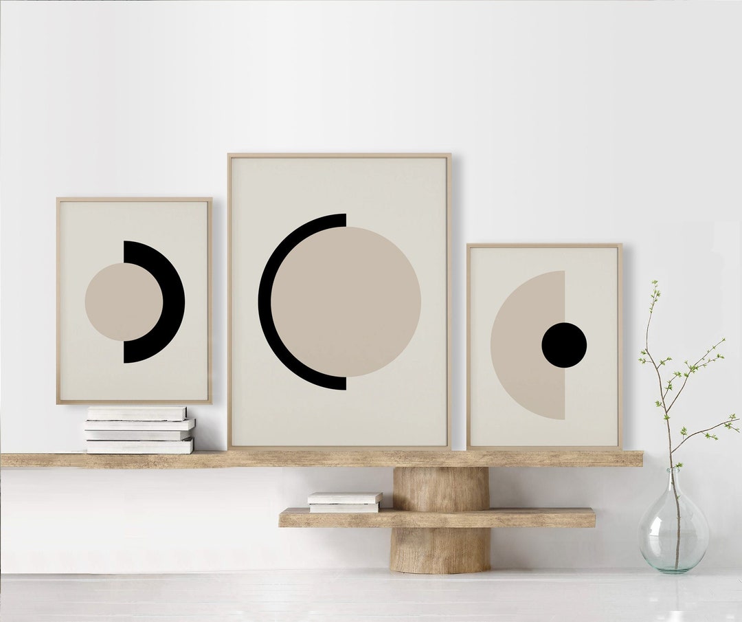 Neutral Mid Century Modern Line Wall Art Prints Download in Black Beige and White, Arched