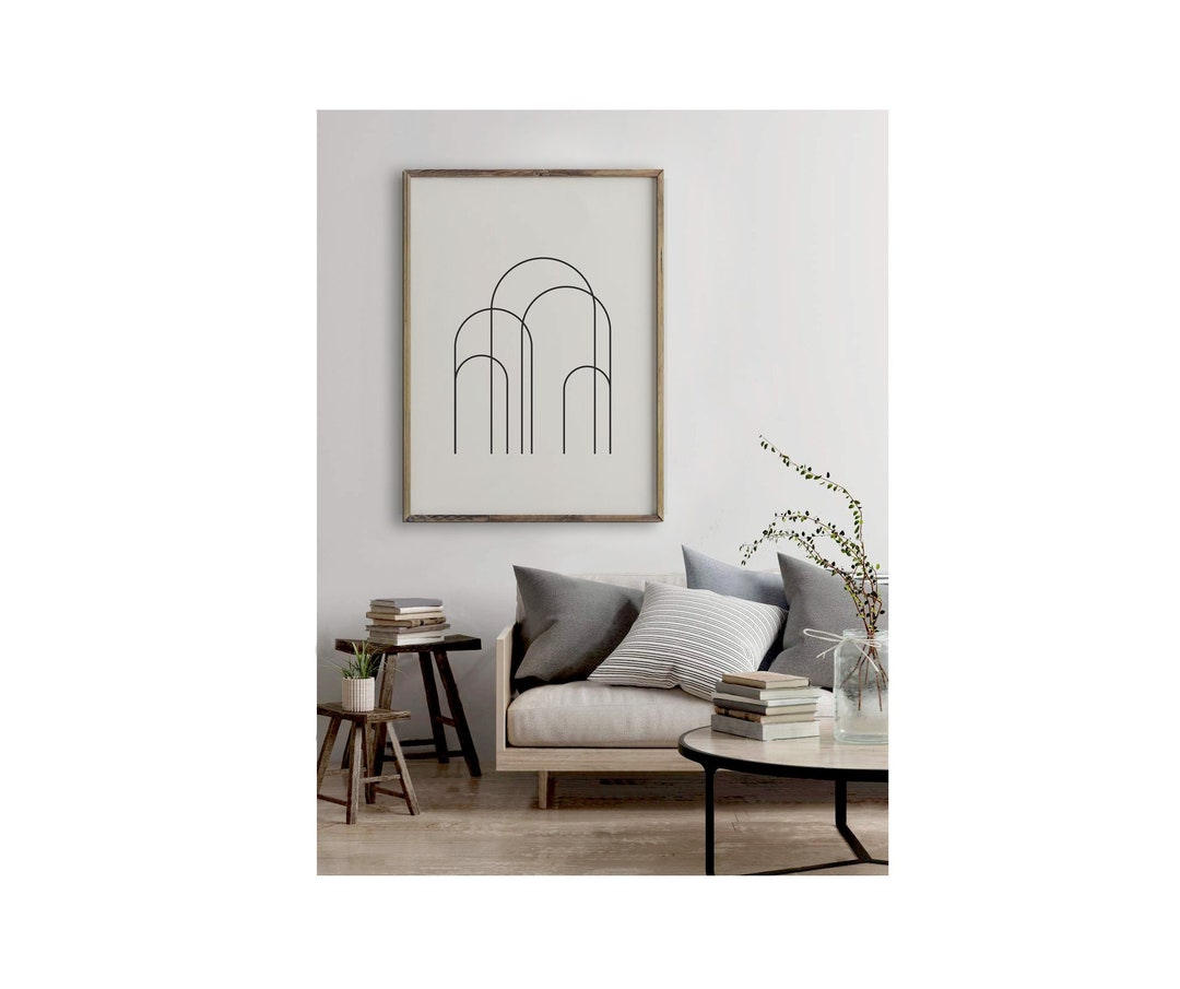 Mid Century Modern Line Art Rainbow Printable Illustration, Black and