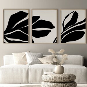 Downloadable botanical wall art set of 3 in black and ivory, Abstract dark beige plants printable poster, Minimal modern leaves gallery wall