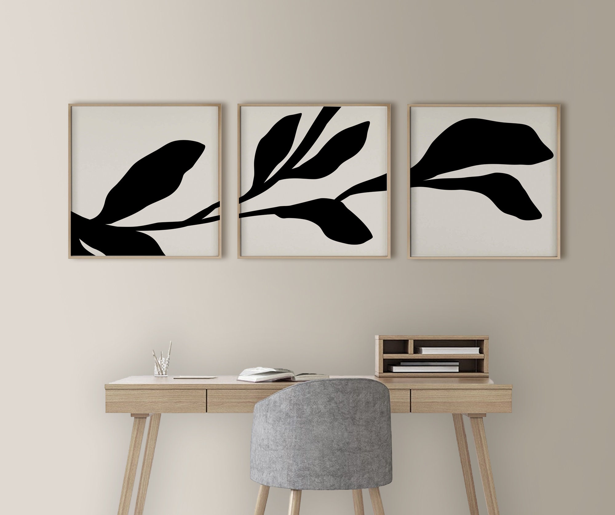 Black Beige Leaf Printable Wall Art Set of 3 Abstract Minimal - Etsy