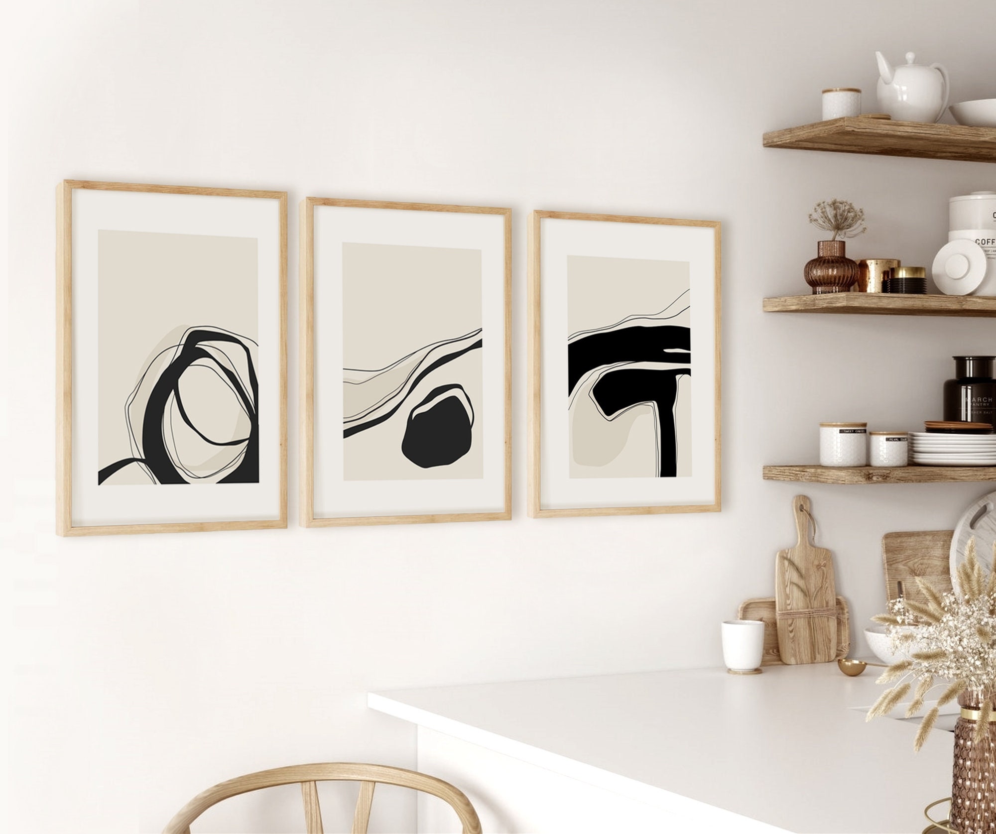 Neutral Abstract Set of 3 Prints Black Beige Modern Art - Etsy